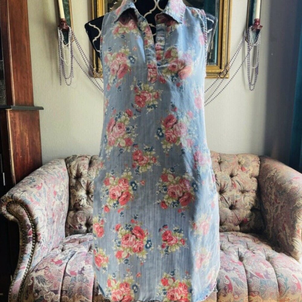 Allen B Tropical Floral Printed Chambray / Jean Sleeveless Dress w/ Pockets